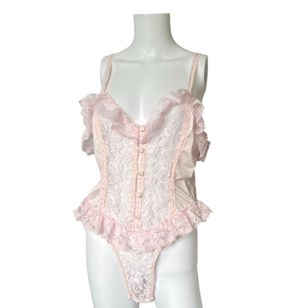 Vintage Pink Nylon Teddie Bodysuit Sheer Lace Ruffles Lingerie Size Medium M